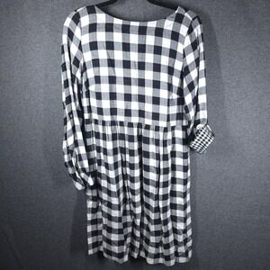 J. Jill Black White Gingham Babydoll Dress Womens Small Roll Tab Sleeve Rayon